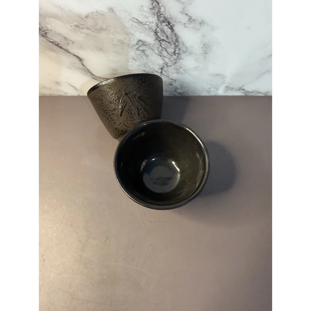 Tetsubin Tea Cups Cast Iron Bamboo Floral Design Set of Two Brown and Black Pair